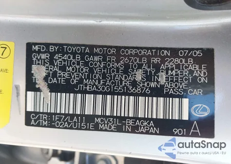 2005 Lexus Es 330 из США, поврежденный, VIN JTHBA30G155136876